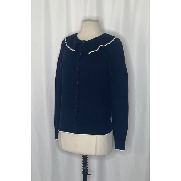 BODEN Frill Collared Wool Blend Cardigan Sweater Navy Blue White Preppy X-Small - Picture 6 of 16
